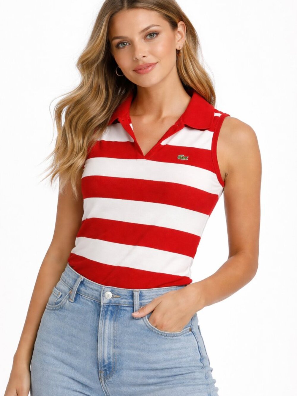 Lacoste 100% Cotton Knit Sweater Vest Red White Striped Pullover Sz 6